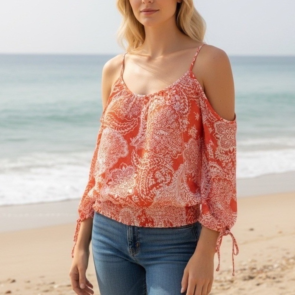 Rampage Paisley Sheer Cold Shoulder Blouse Women S Orange Smocked Waist Festive